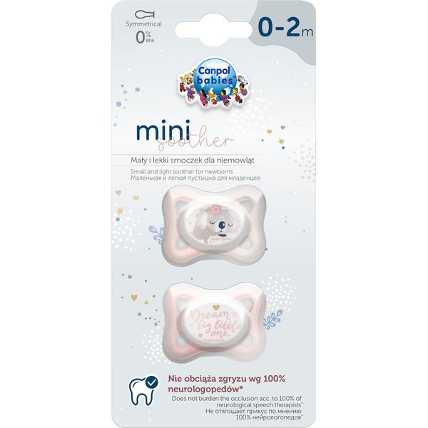 Smoczek silikonowy 0-2m symetryczny Mini 2szt Canpol - rózowy