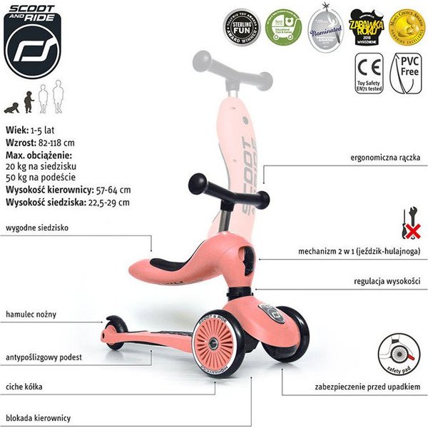 Jeździk i hulajnoga Highwaykick 2w1 Scootandride - Peach