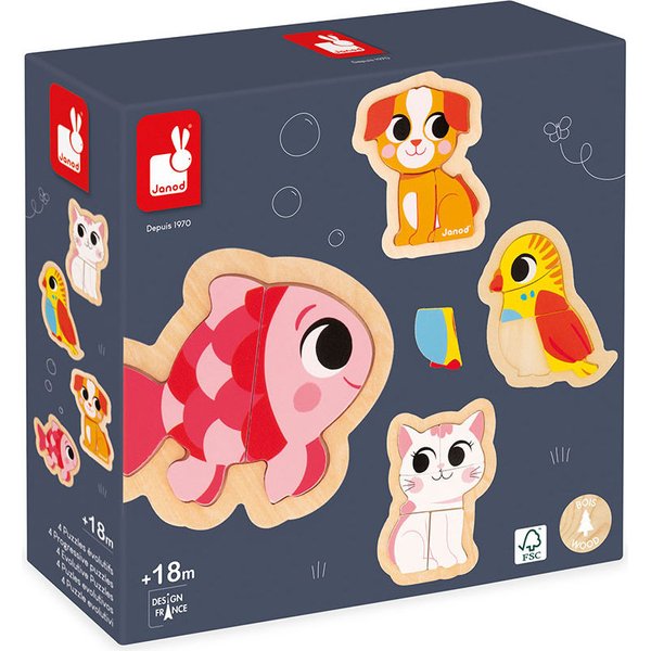 Puzzle progresywne drewniane Zwierzęta domowe 4 układanki Janod - Zwierzęta domowe