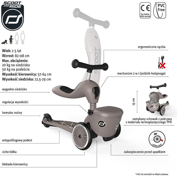 Jeździk, hulajnoga Highwaykick 1 z zamykanym schowkiem Scootnadride - brown