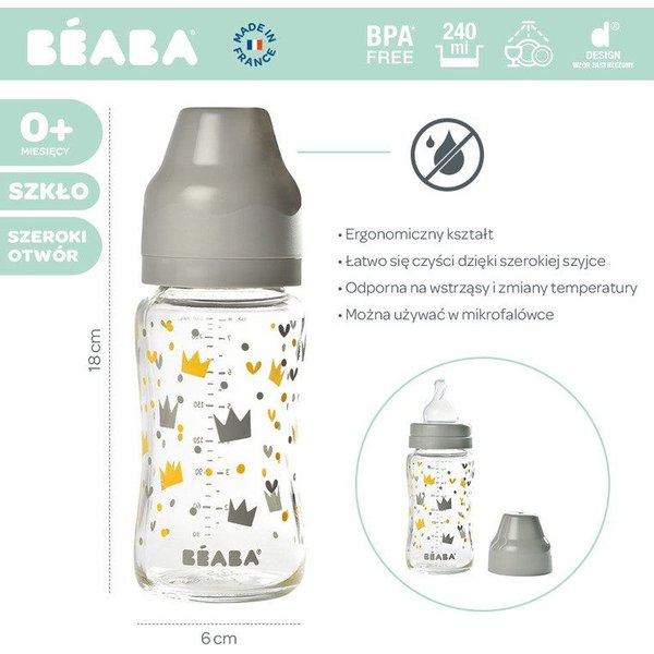 Butelka szklana szerokootworowa 240 ml Beaba - yellow/grey crown