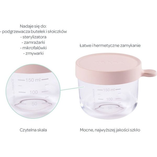 Pojemnik słoiczek szklany z hermetycznym zamknięciem 150 ml Beaba - pink