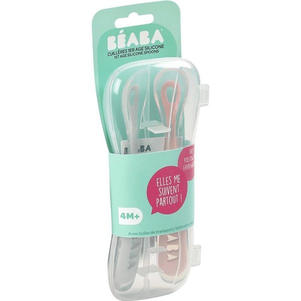 Zestaw łyżeczek silikonowych w etui podróżnym 2szt Beaba - Old Pink