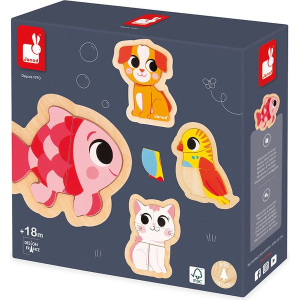 Puzzle progresywne drewniane Zwierzęta domowe 4 układanki Janod - Zwierzęta domowe