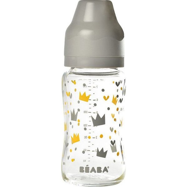 Butelka szklana szerokootworowa 240 ml Beaba - yellow/grey crown