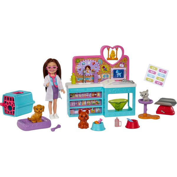 Barbie Chelsea Zestaw lalka weterynarz ze zwierzątkami i akcesoriami Mattel