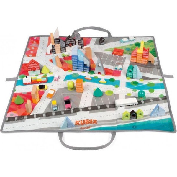 Klocki drewniane z matą do zabawy Kubix Janod - 70 el.