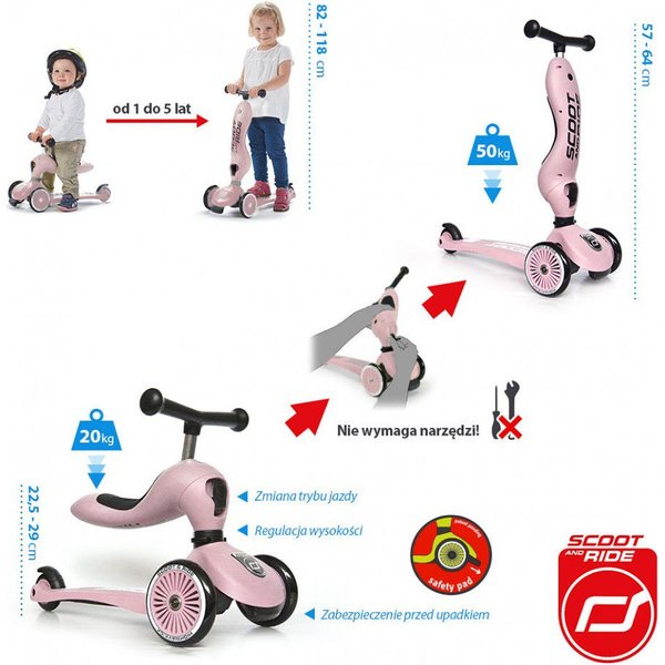 Jeździk i hulajnoga Highwaykick 2w1 Scootandride - rose