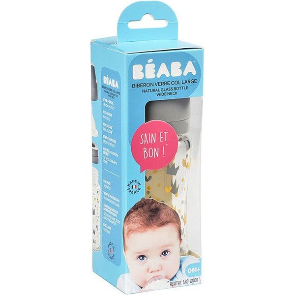 Butelka szklana szerokootworowa 240 ml Beaba - yellow/grey crown