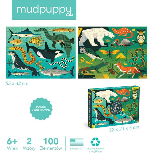 Puzzle dwustronne 100 elementów Mudpuppy - Drapieżniki lądowe i wodne
