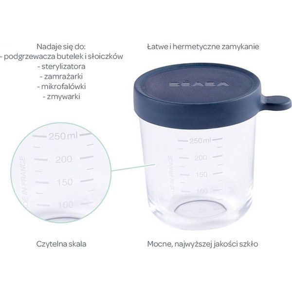 Pojemnik słoiczek szklany z hermetycznym zamknięciem 250 ml Beaba - dark blue